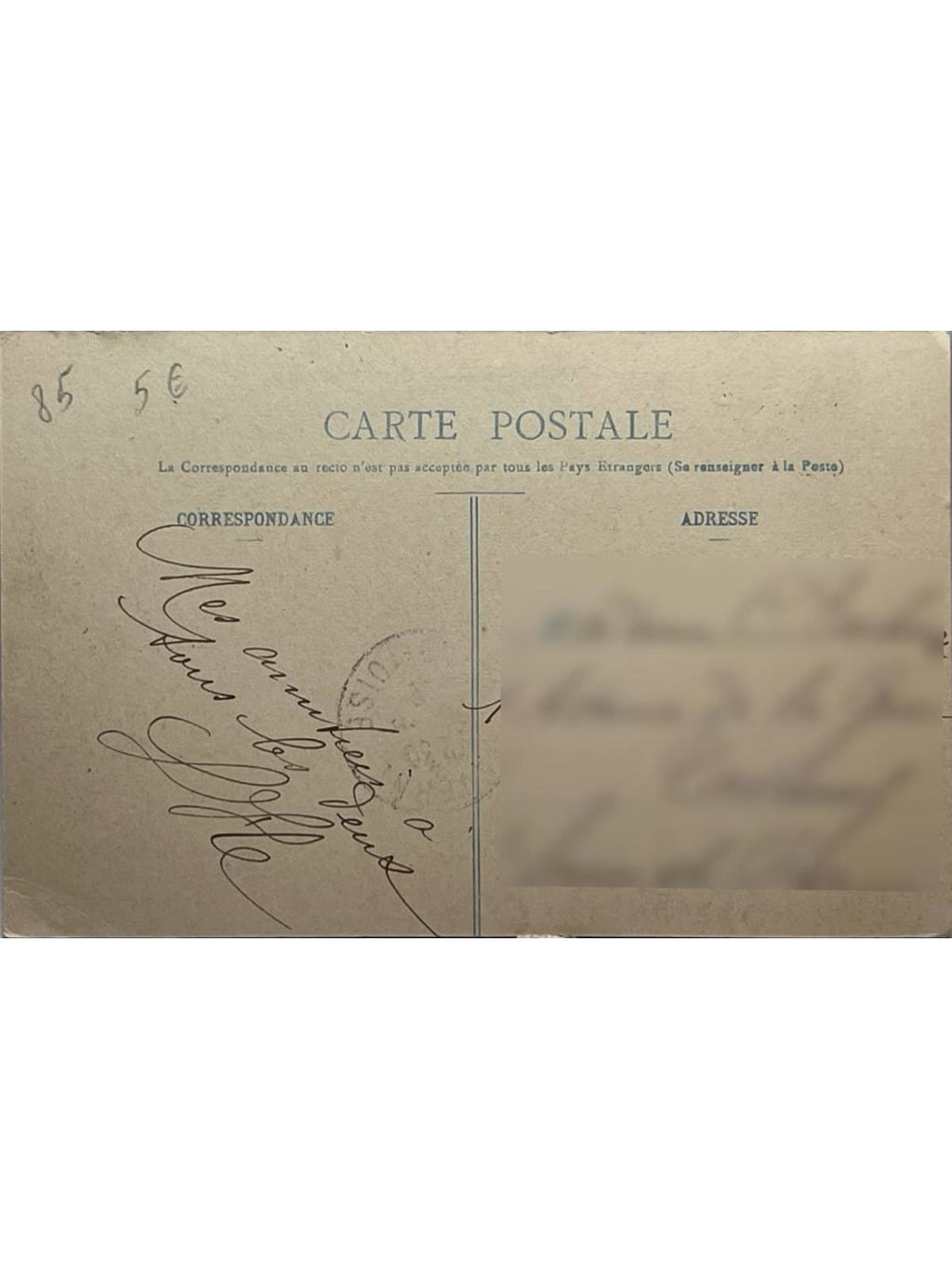 Verso de la carte postale