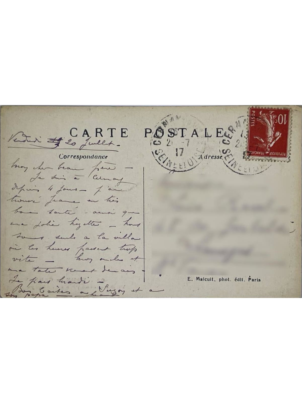 Verso de la carte postale