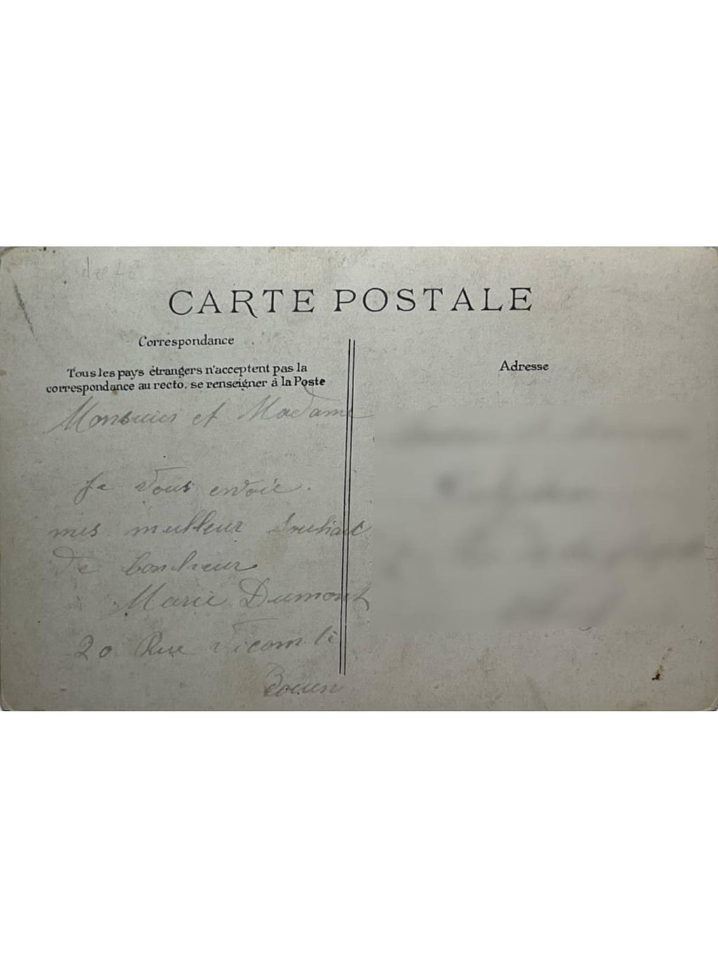 Verso de la carte postale