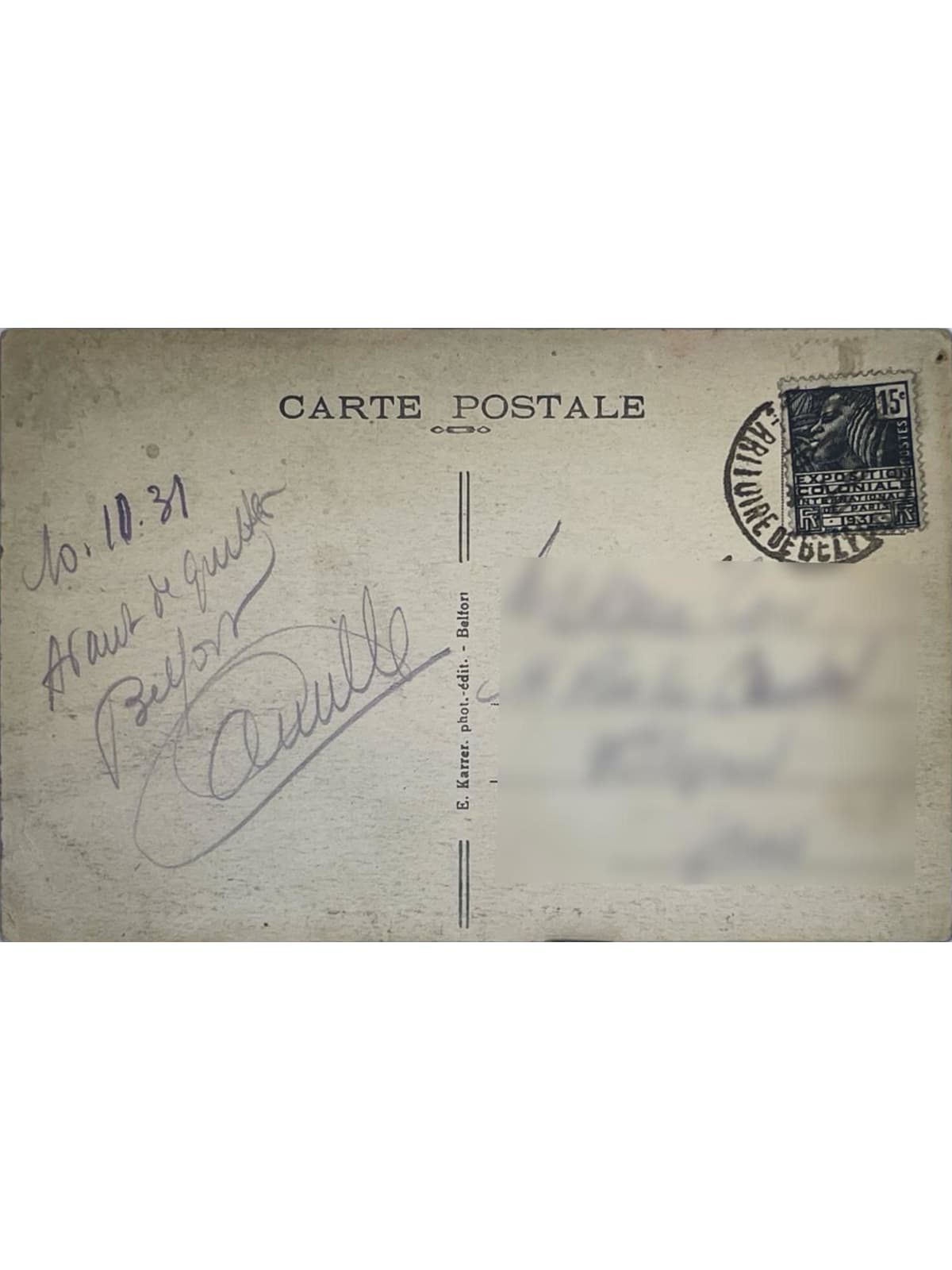 Verso de la carte postale