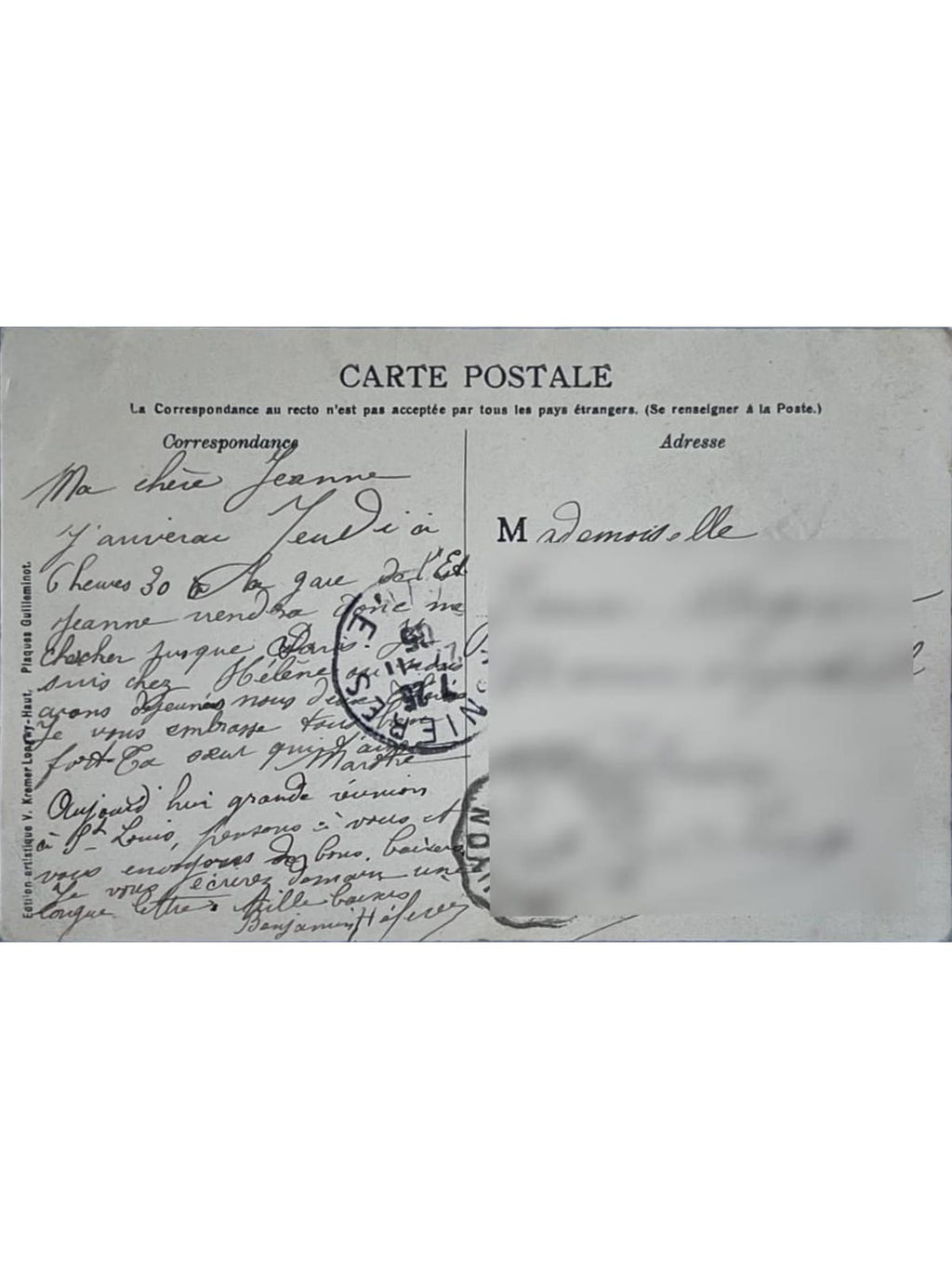 Verso de la carte postale