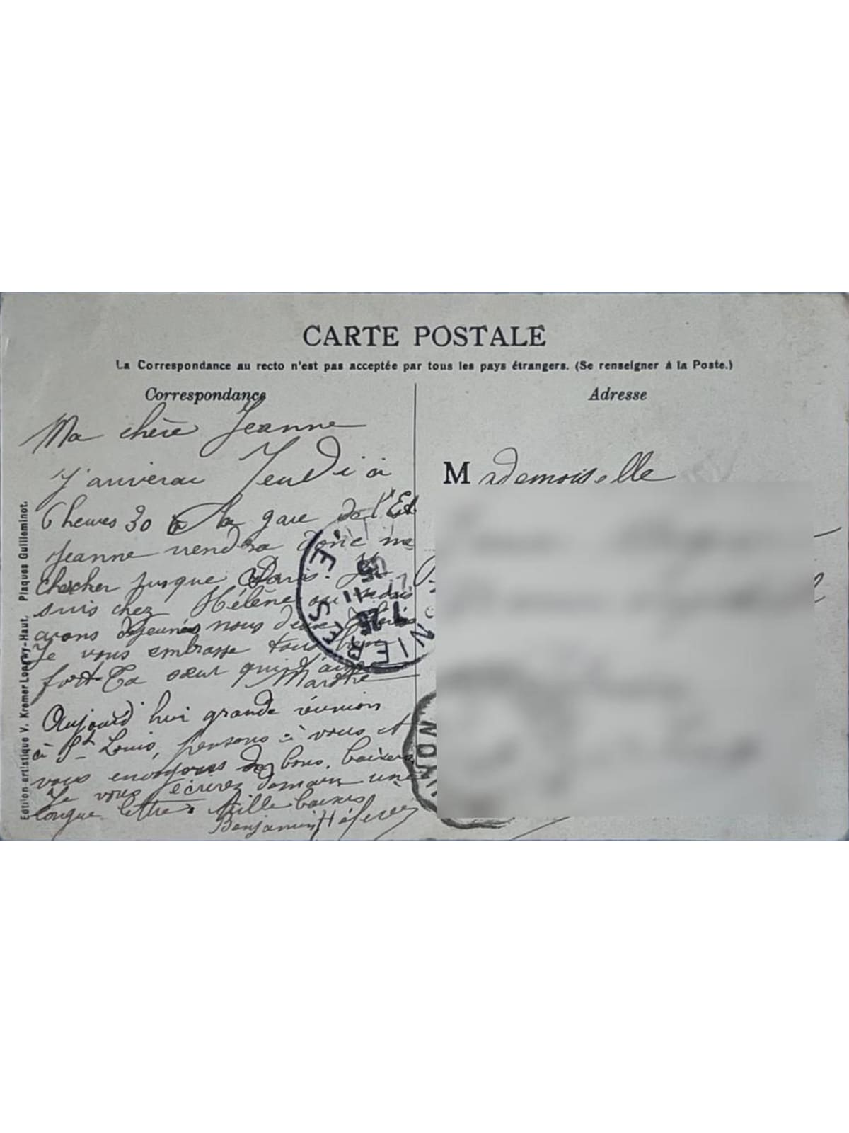 Verso de la carte postale
