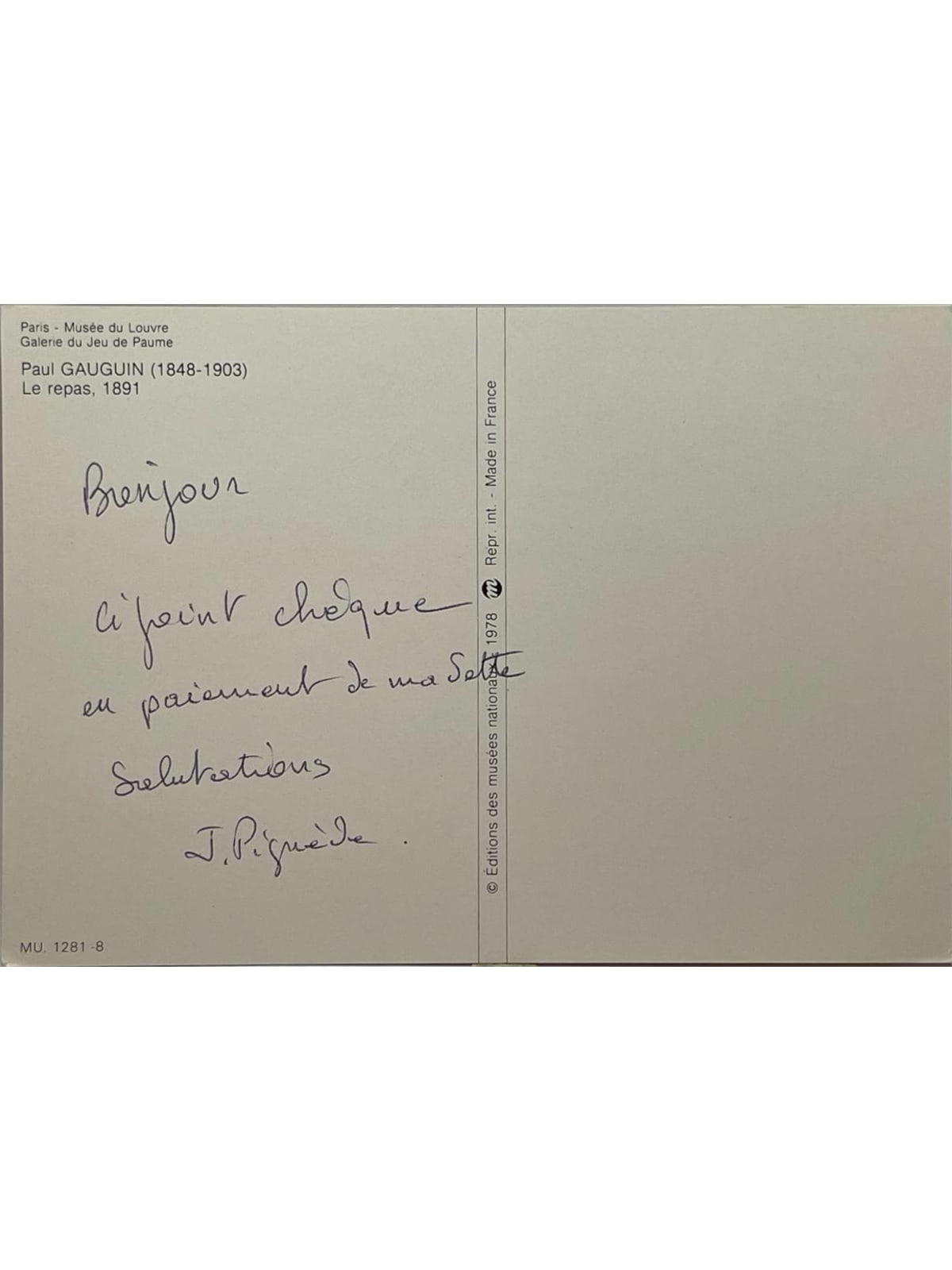 Verso de la carte postale