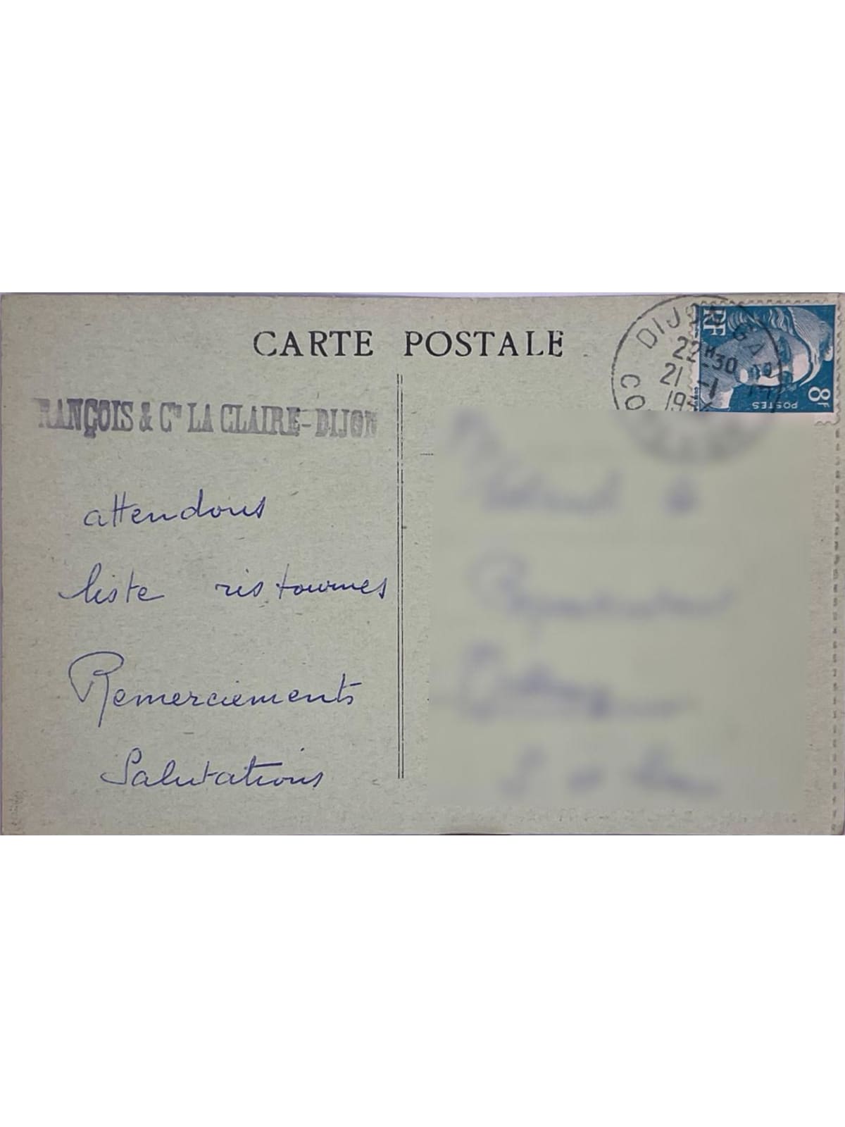 Verso de la carte postale