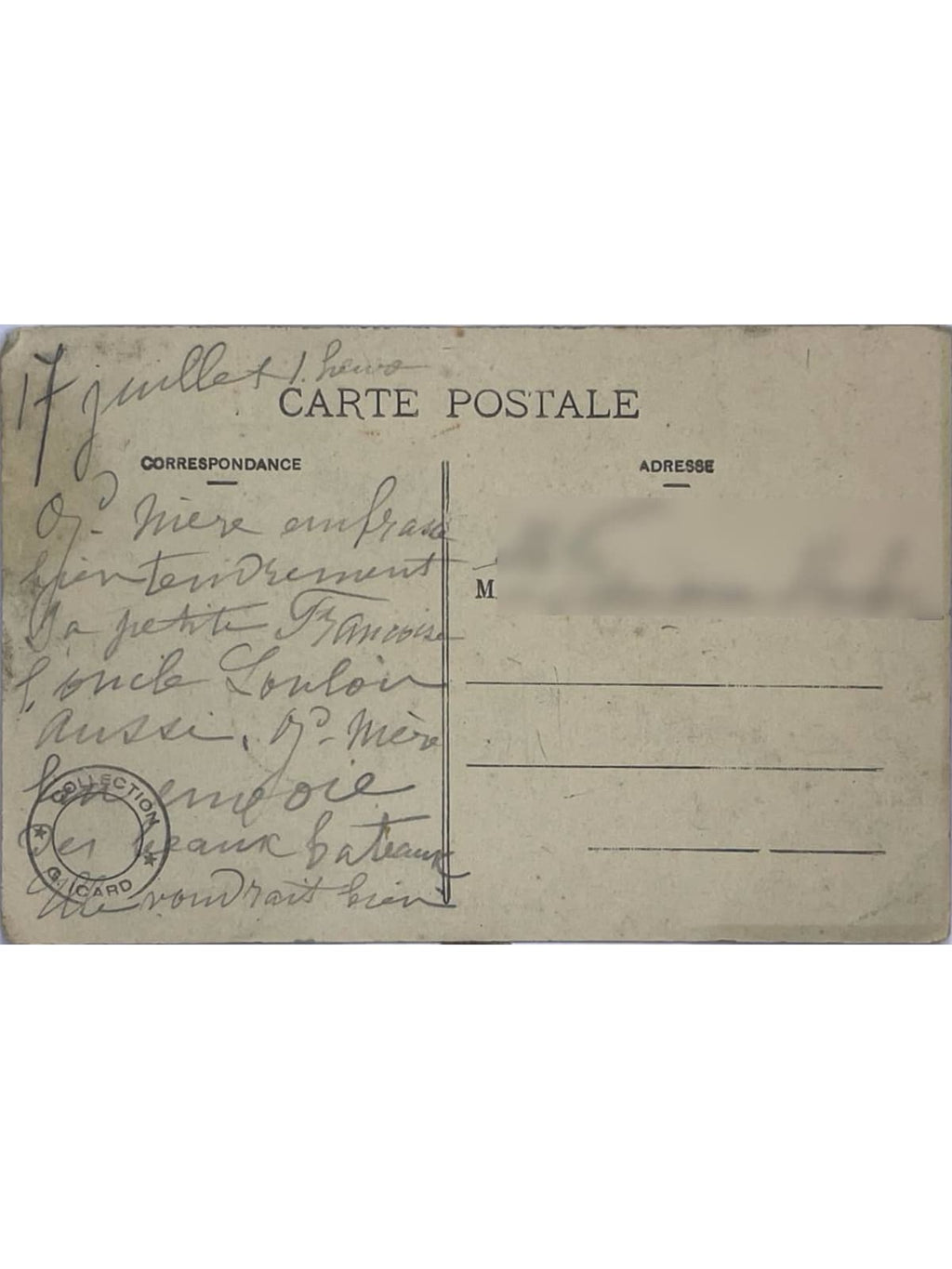 Verso de la carte postale