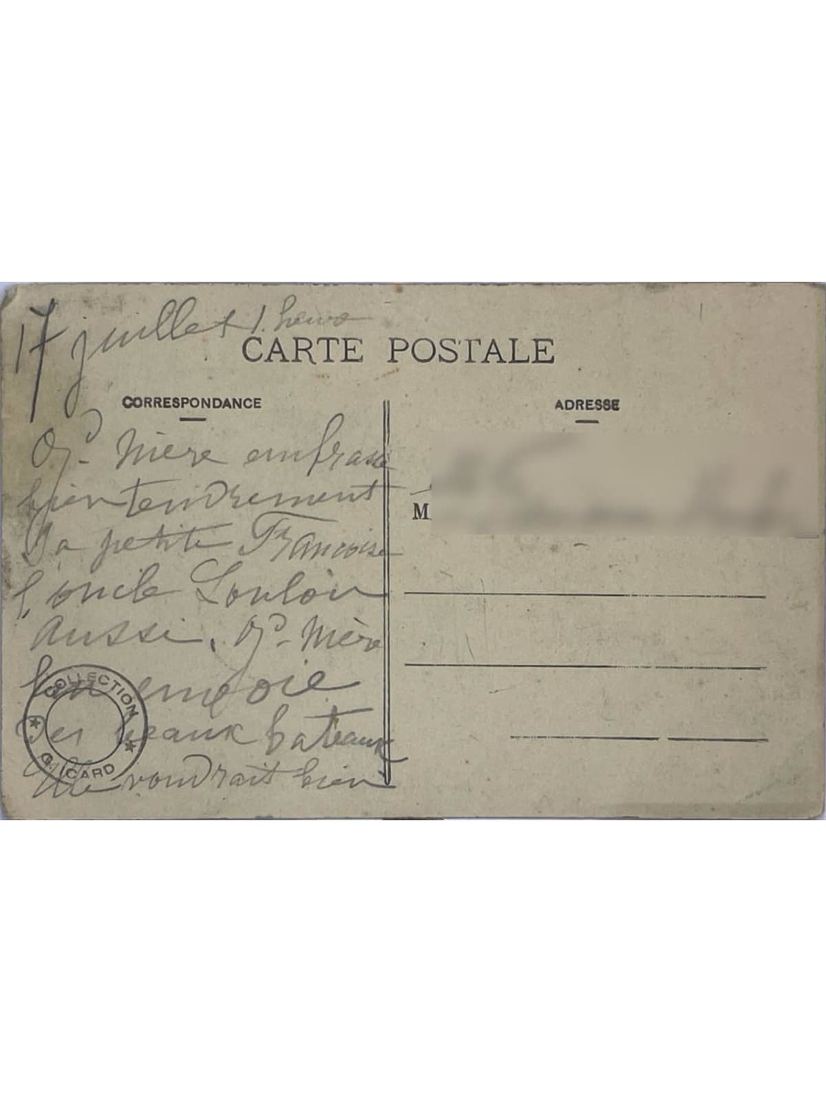 Verso de la carte postale