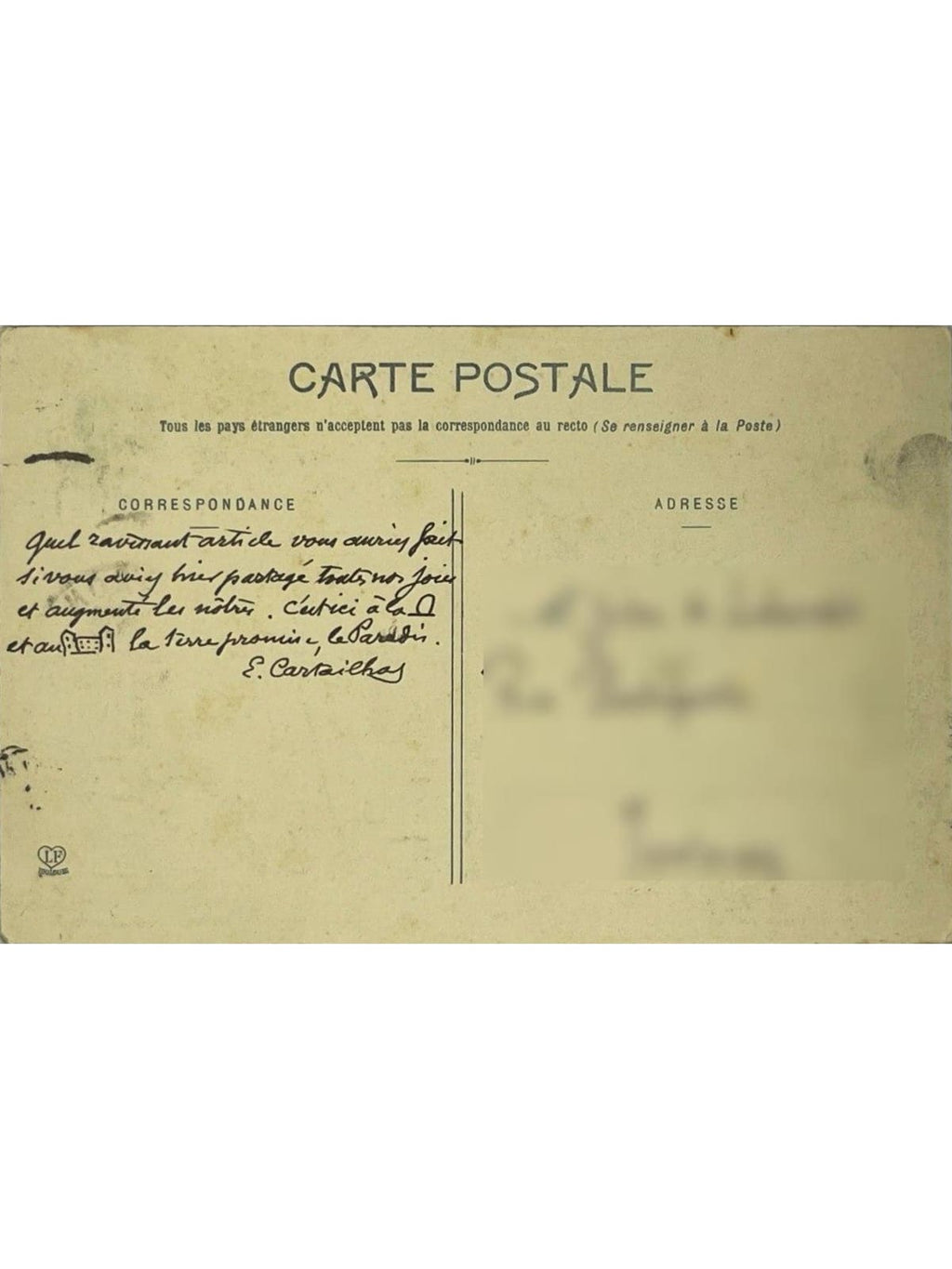 Verso de la carte postale