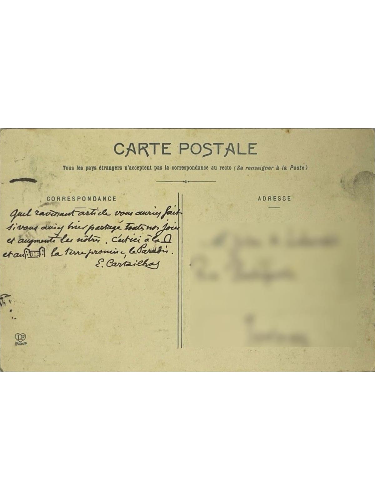 Verso de la carte postale