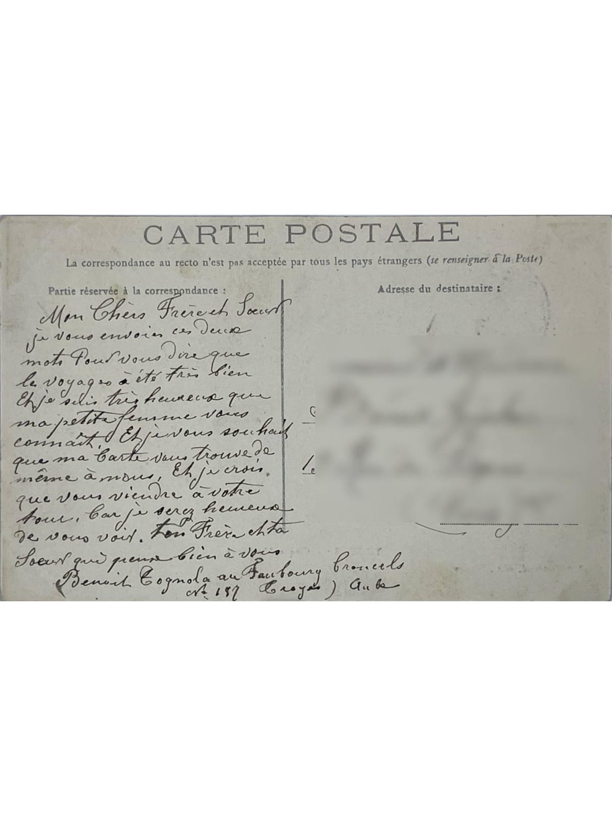 Verso de la carte postale
