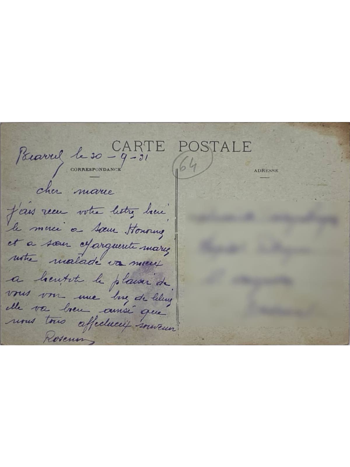 Verso de la carte postale