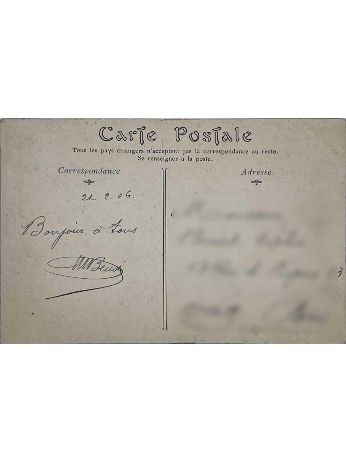 Verso de la carte postale