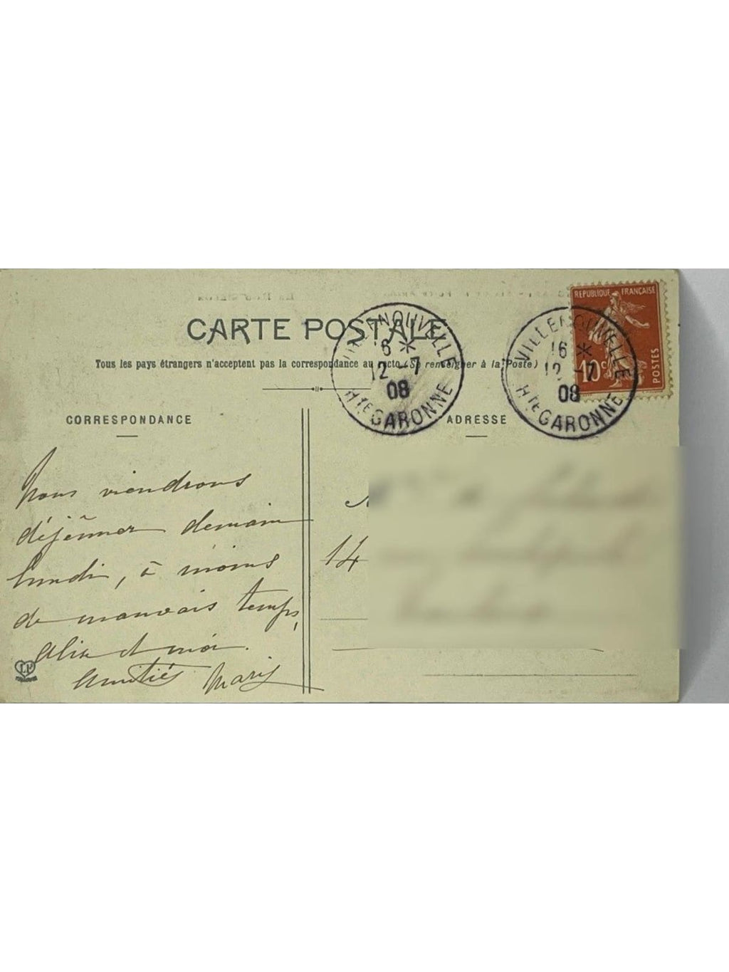 Verso de la carte postale