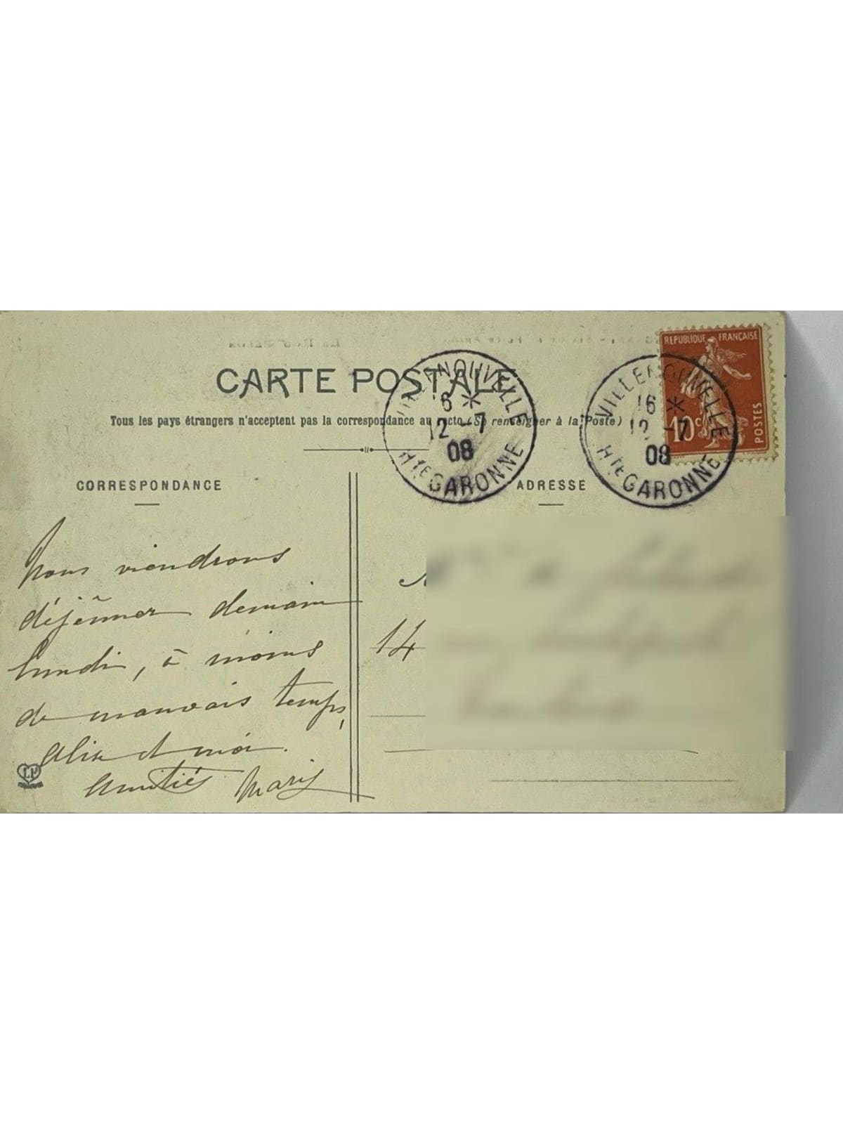 Verso de la carte postale