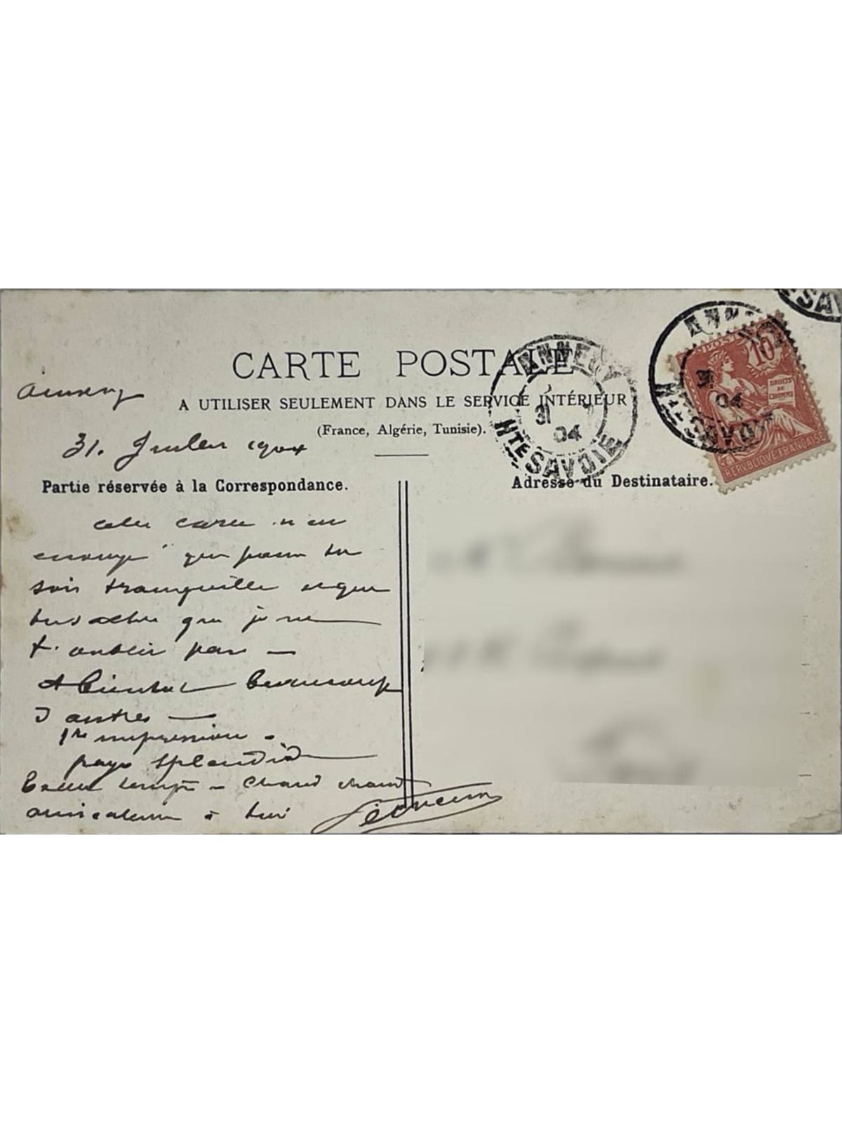 Verso de la carte postale