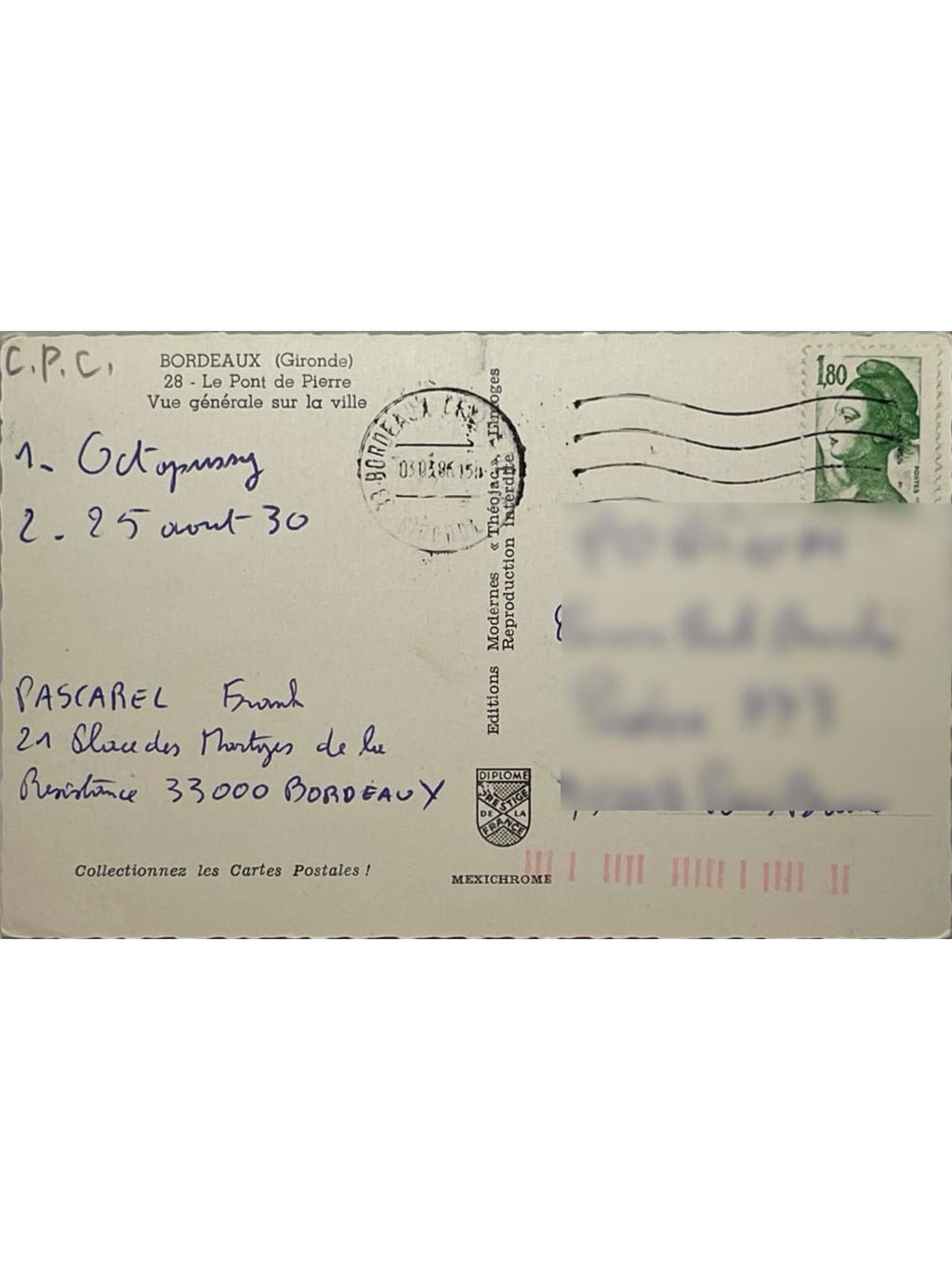 Verso de la carte postale