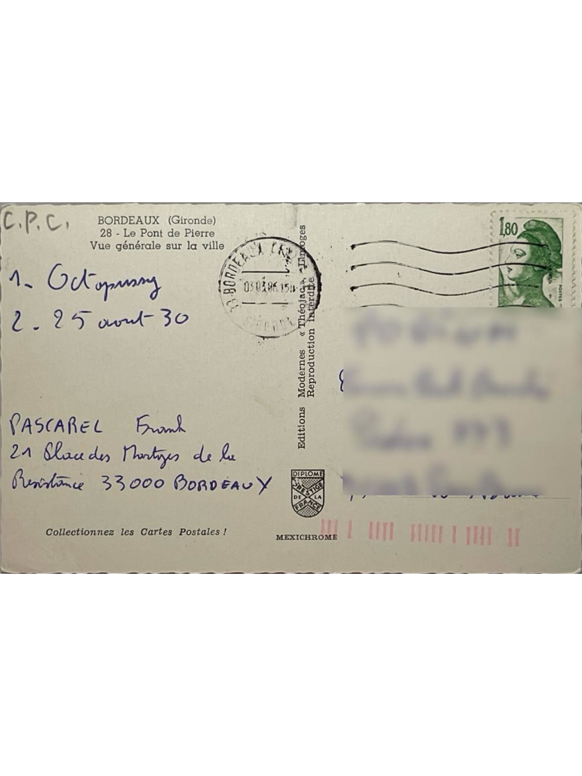 Verso de la carte postale