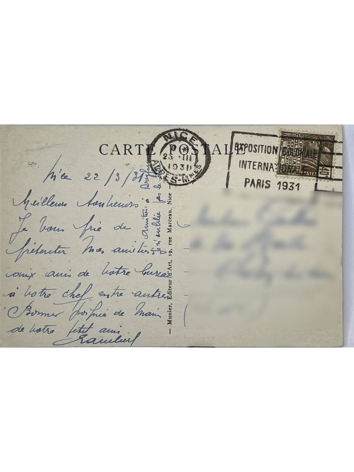 Verso de la carte postale