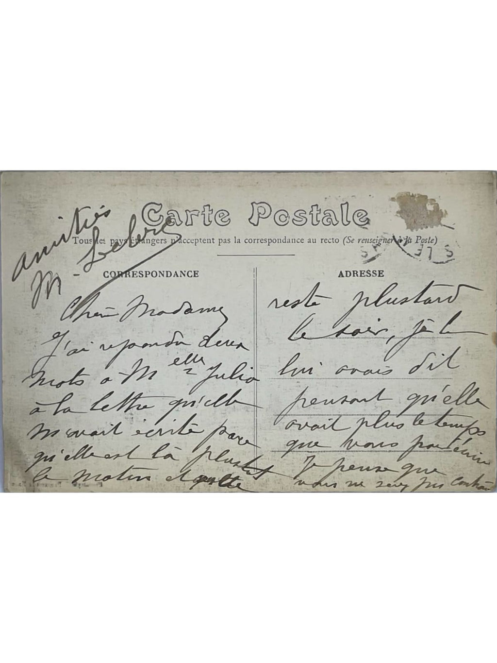 Verso de la carte postale
