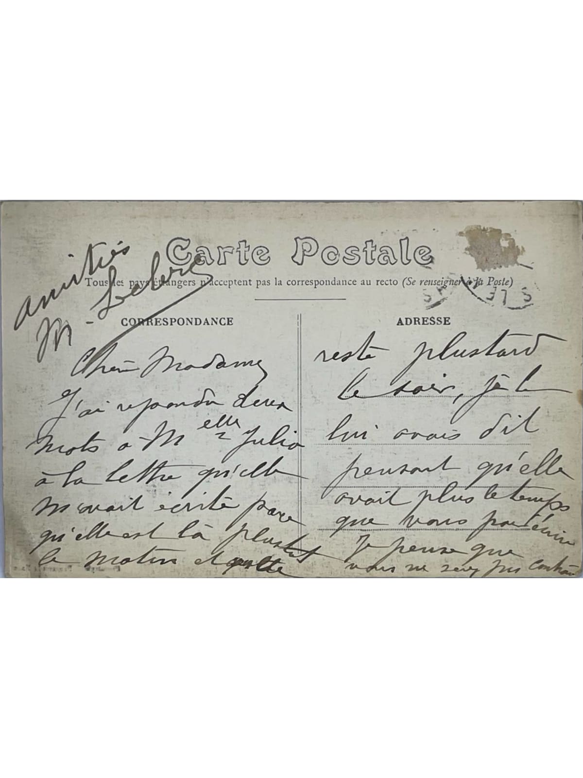 Verso de la carte postale