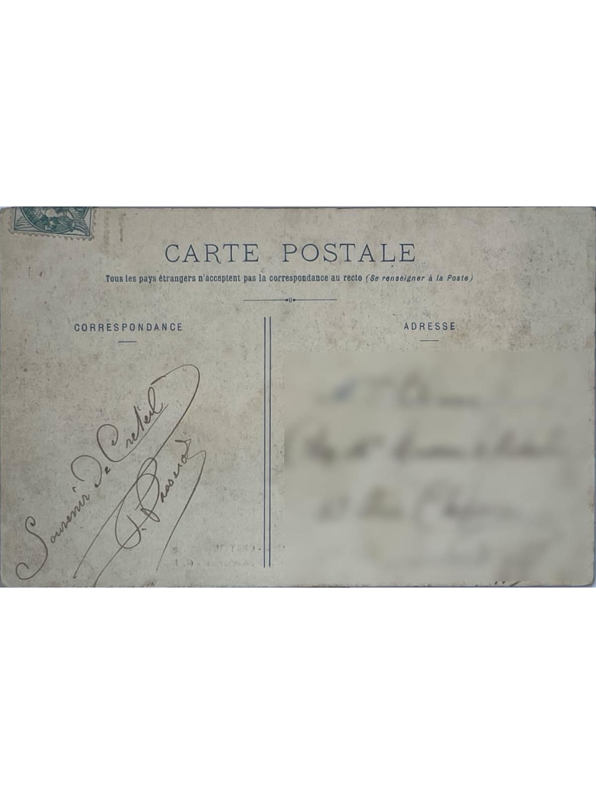 Verso de la carte postale