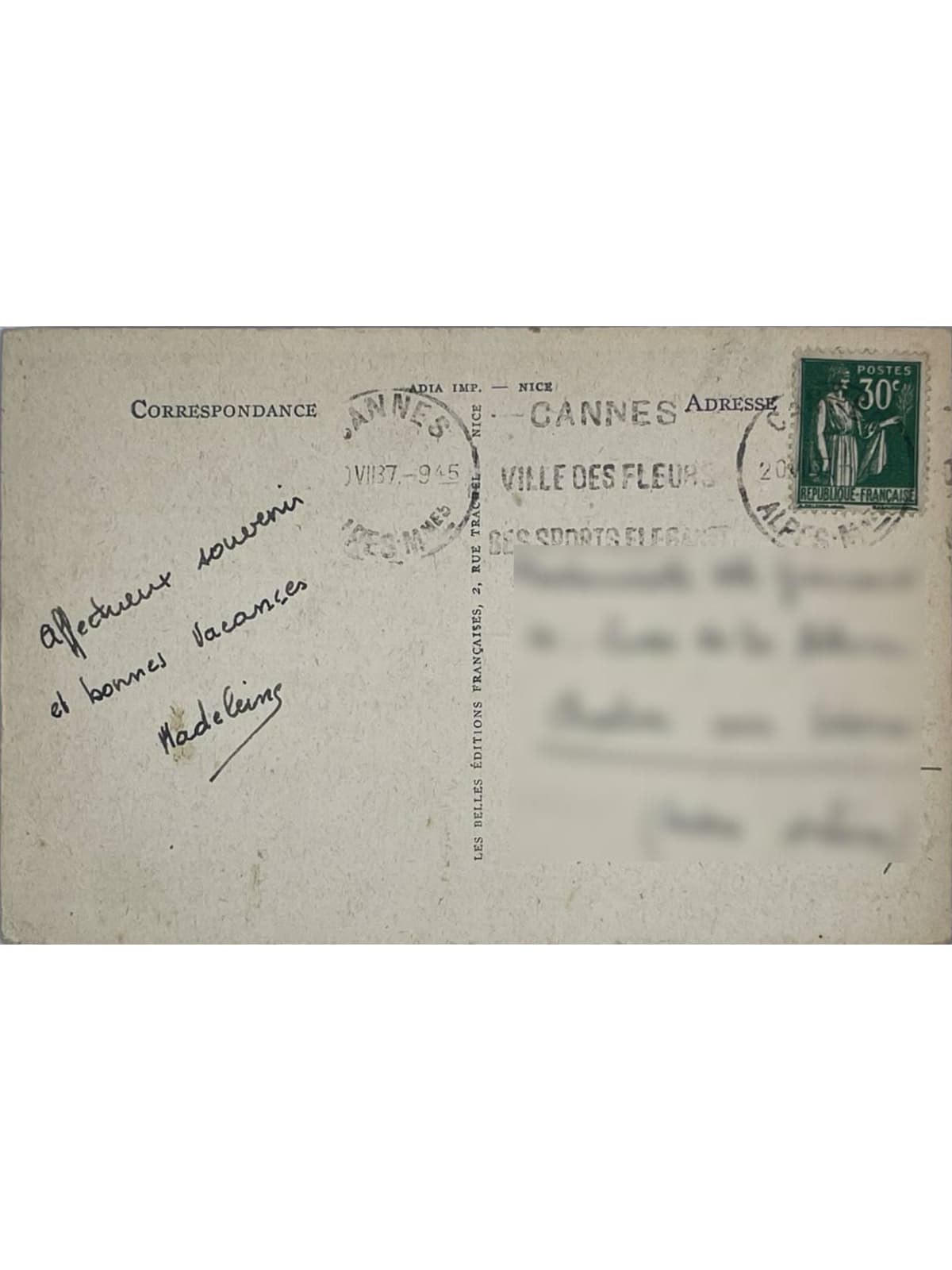 Verso de la carte postale