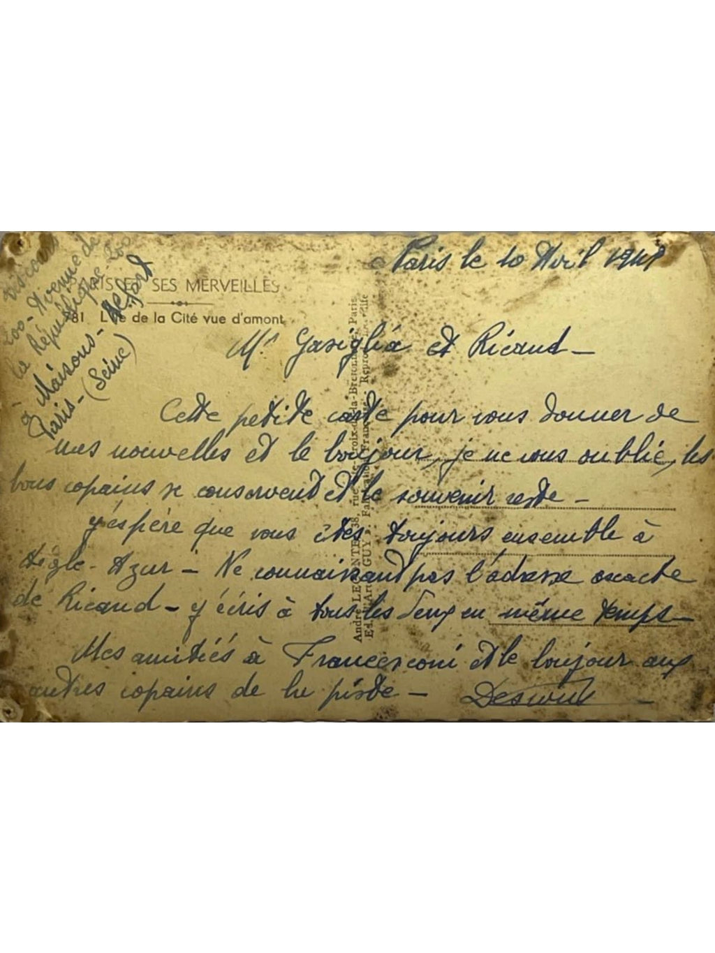 Verso de la carte postale
