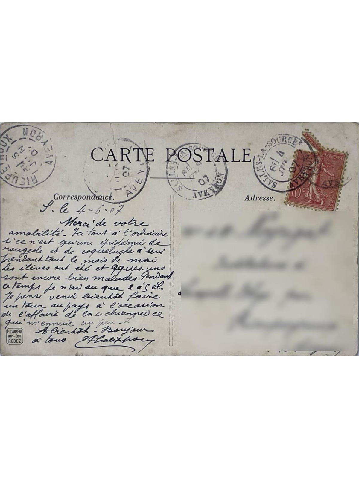 Verso de la carte postale