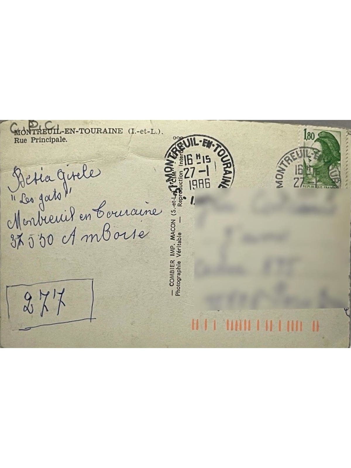 Verso de la carte postale