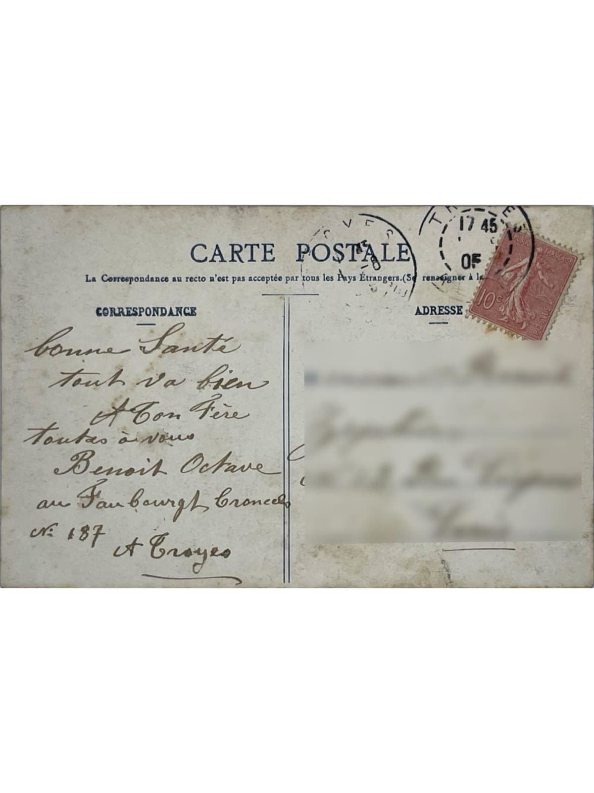 Verso de la carte postale