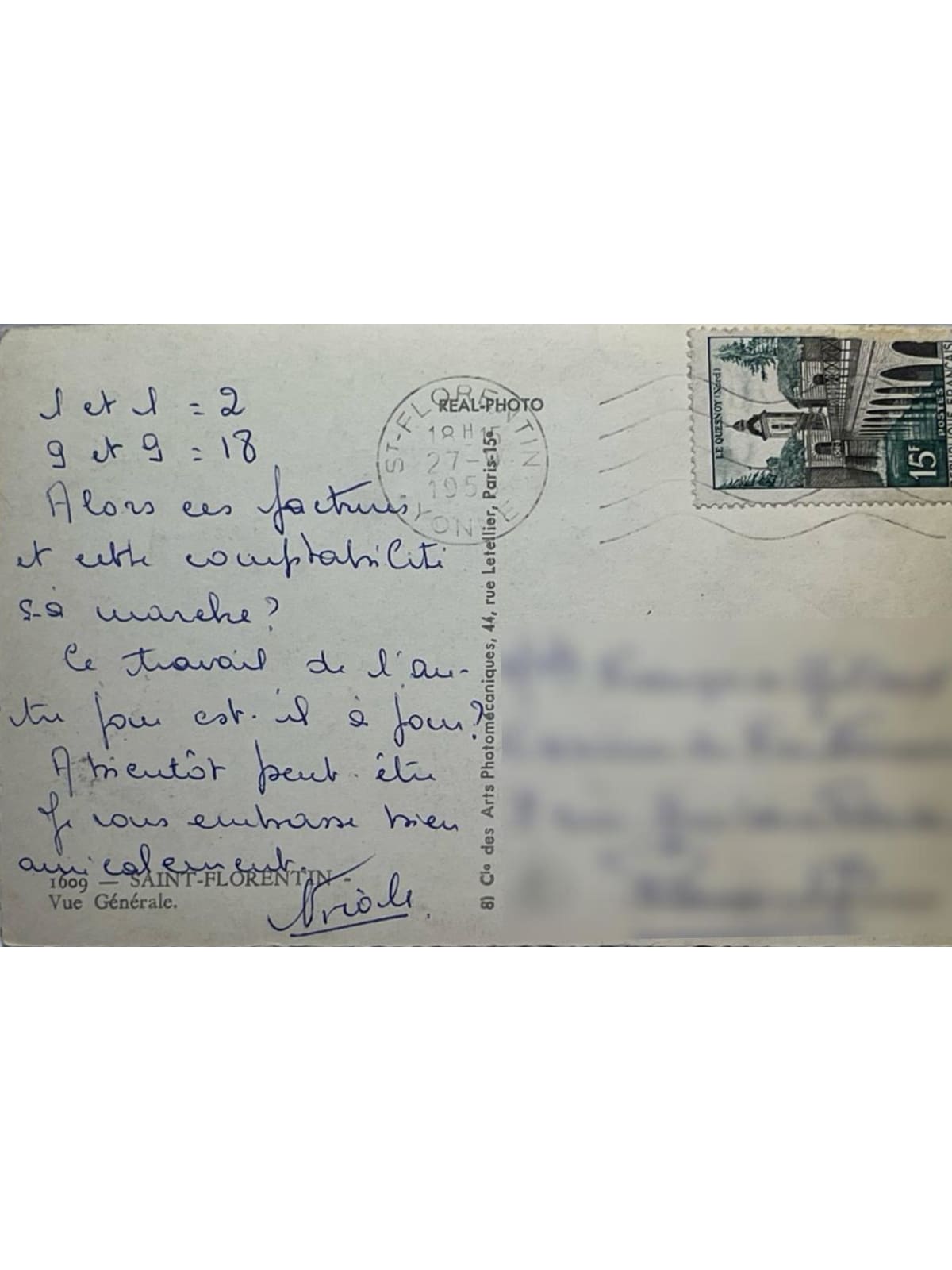 Verso de la carte postale