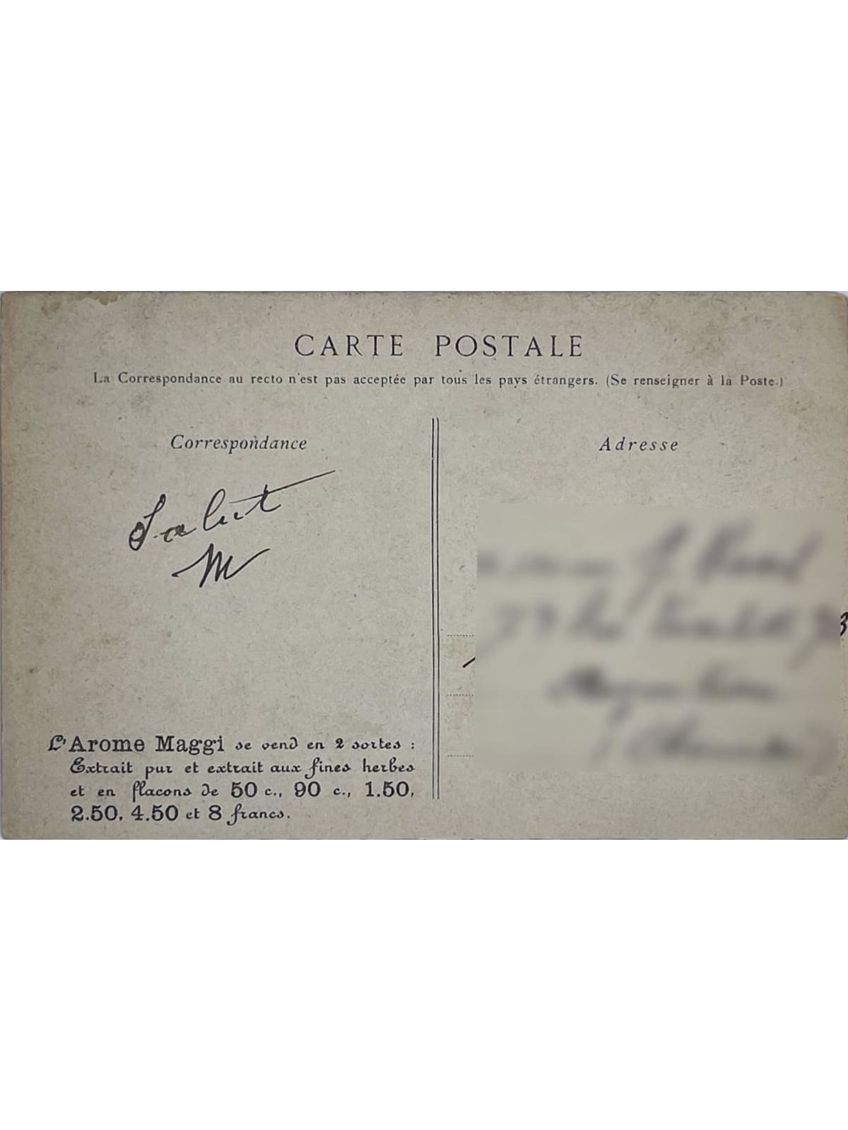 Verso de la carte postale