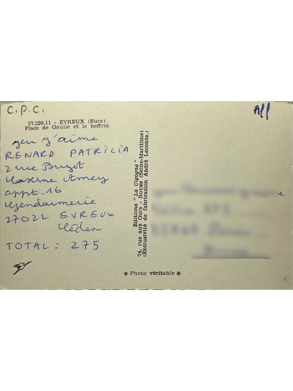 Verso de la carte postale