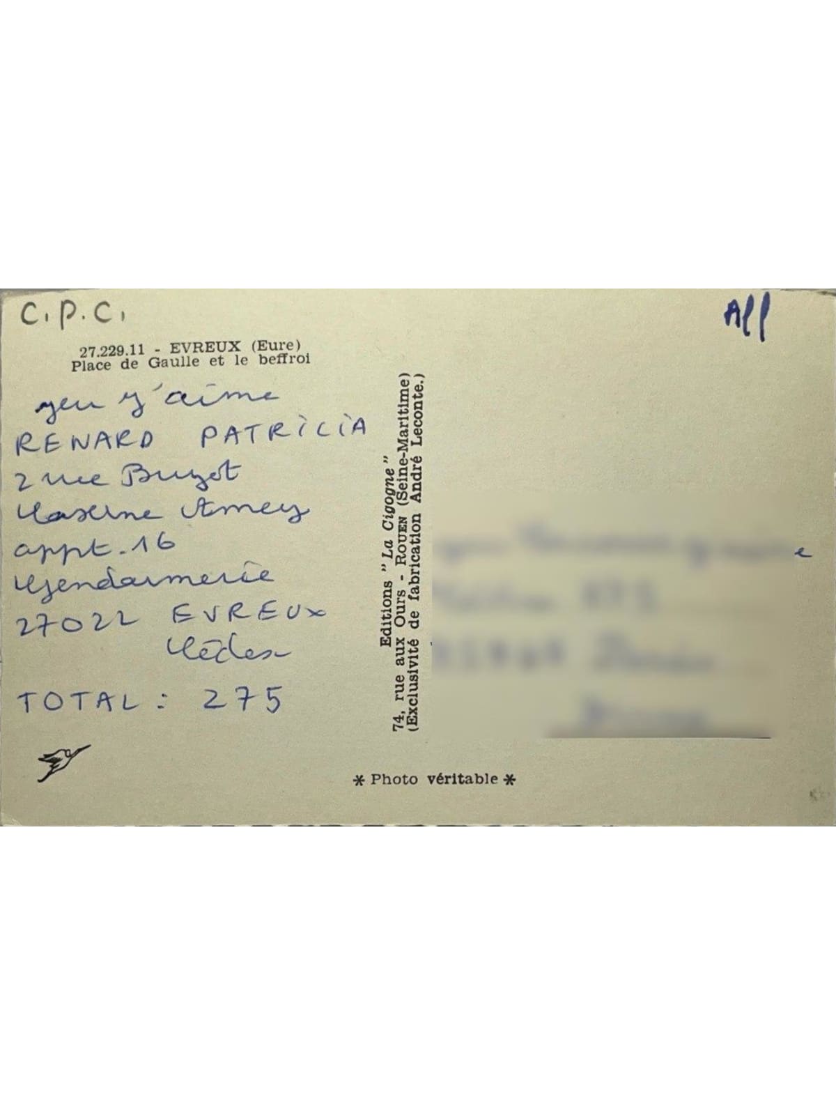 Verso de la carte postale