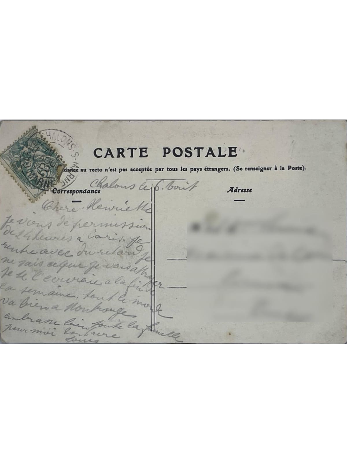 Verso de la carte postale