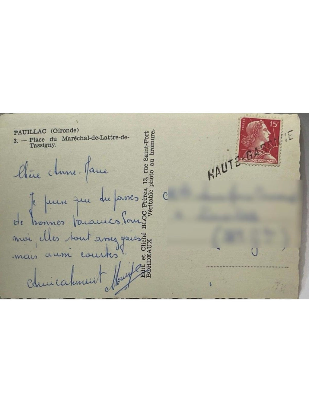 Verso de la carte postale
