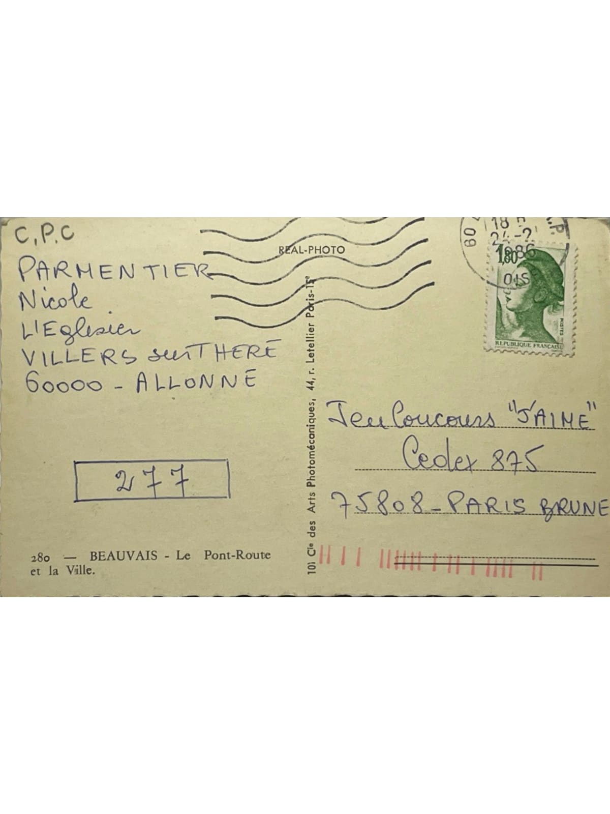 Verso de la carte postale