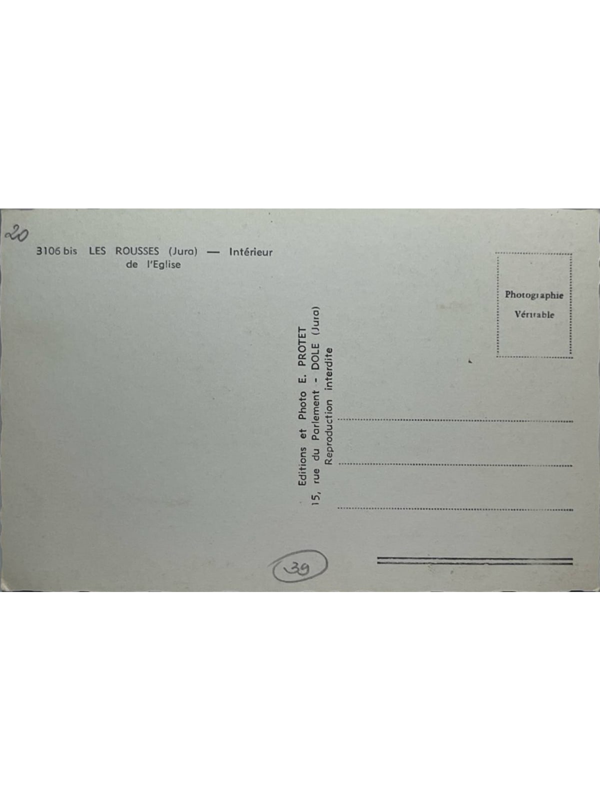Verso de la carte postale