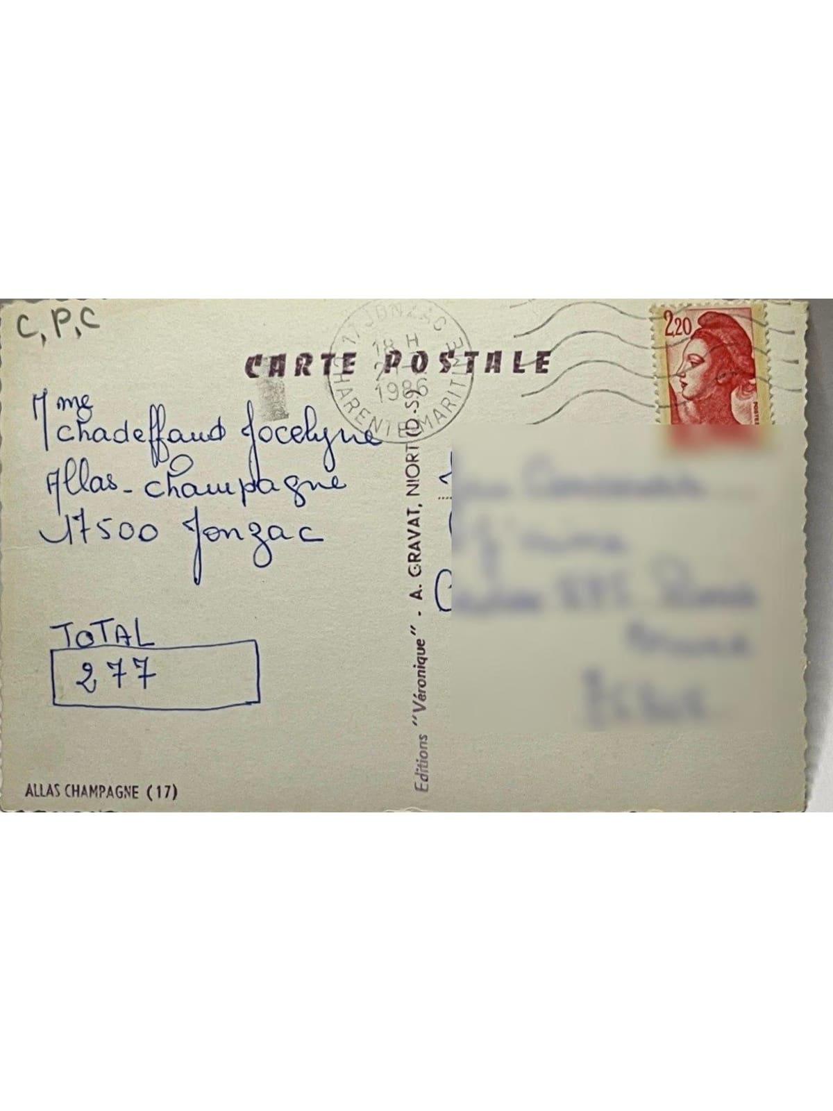 Verso de la carte postale