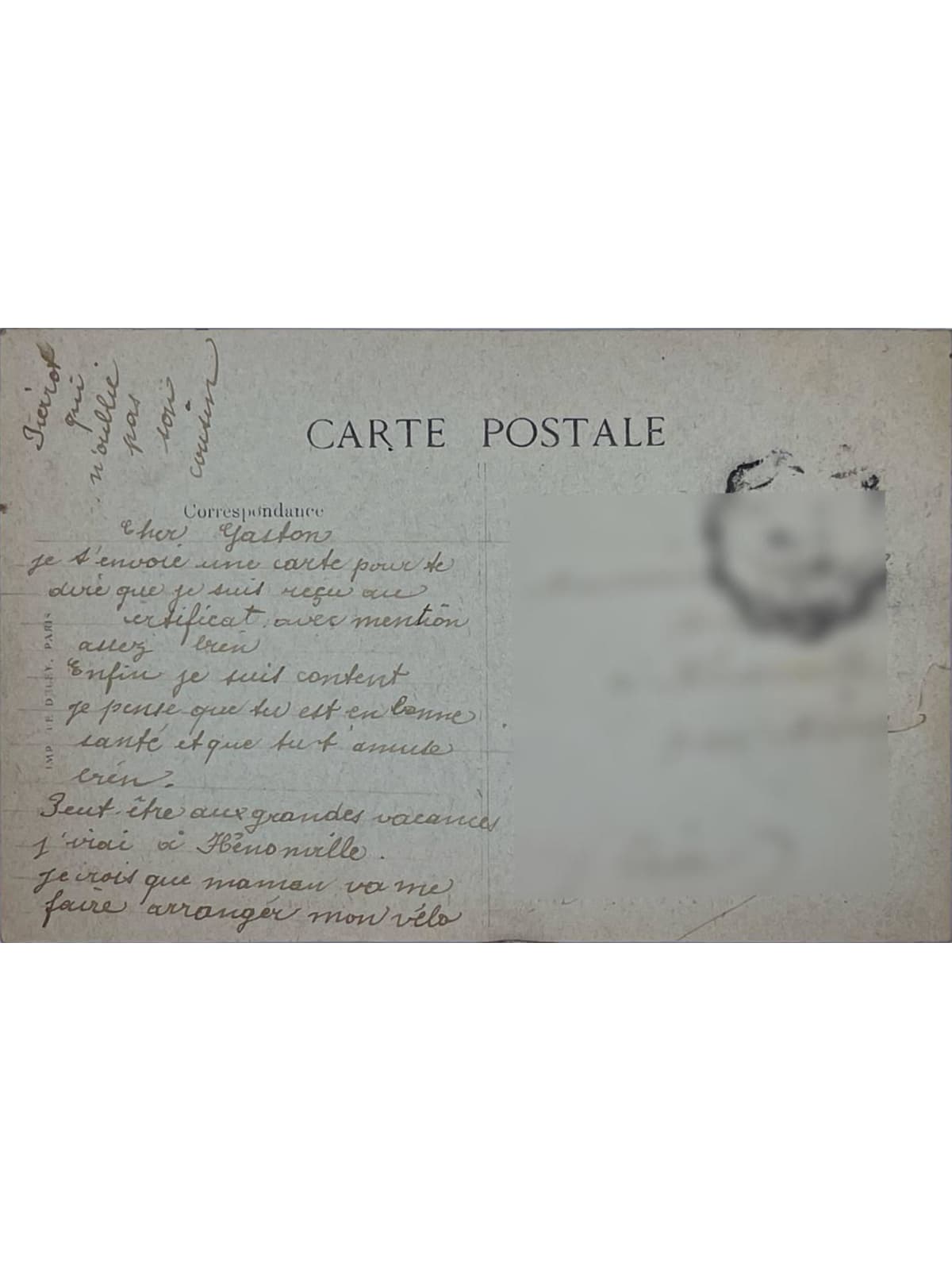 Verso de la carte postale