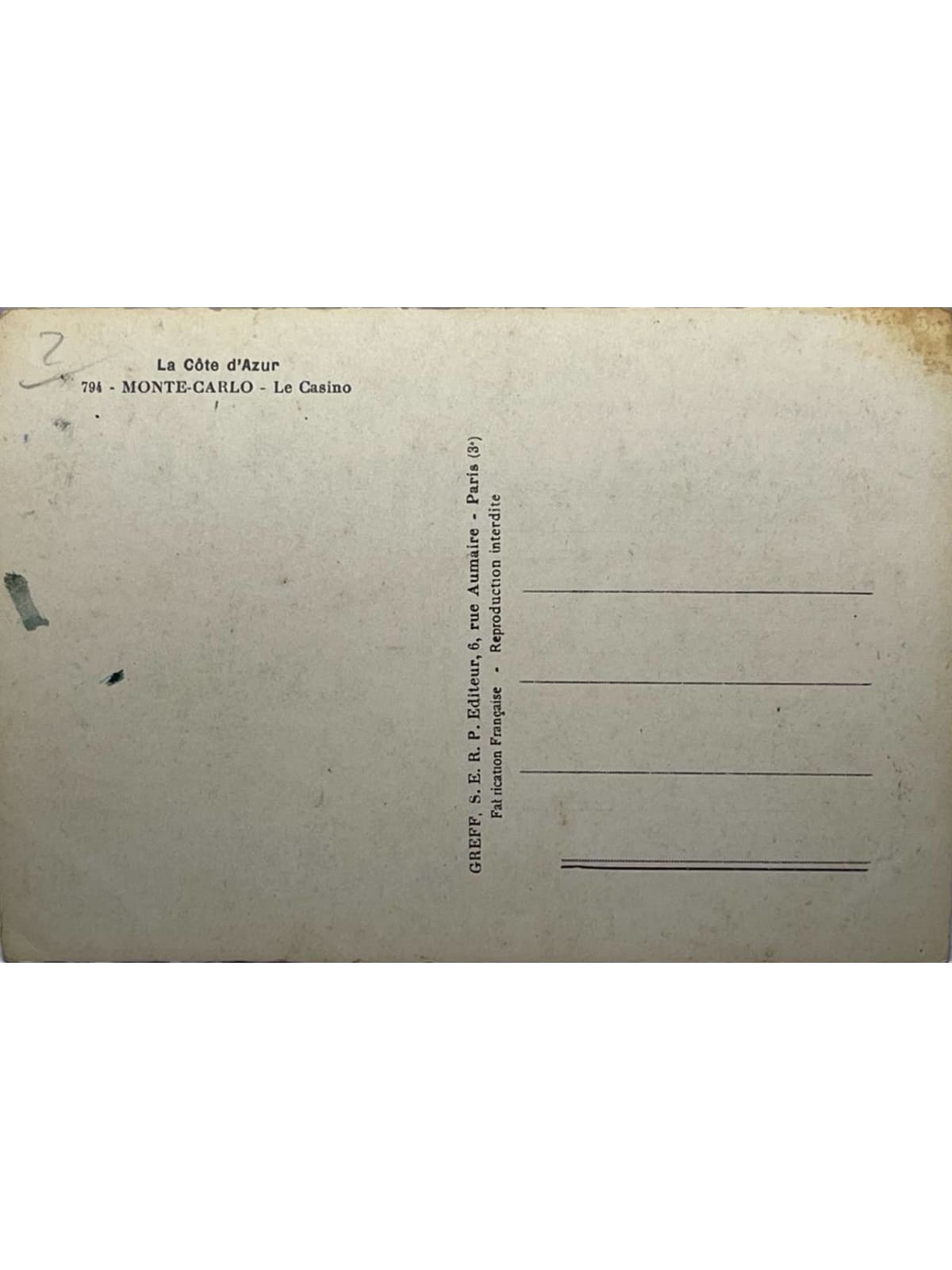 Verso de la carte postale