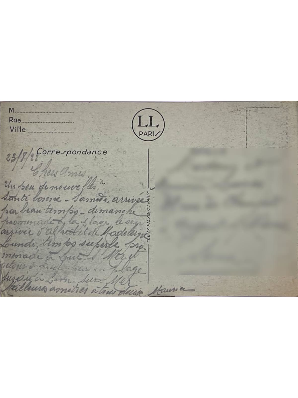 Verso de la carte postale