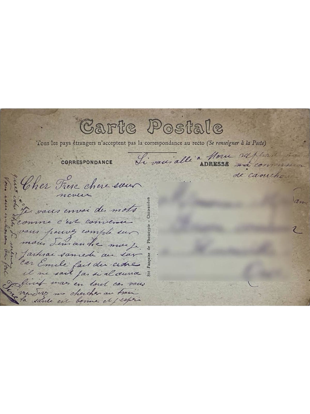 Verso de la carte postale