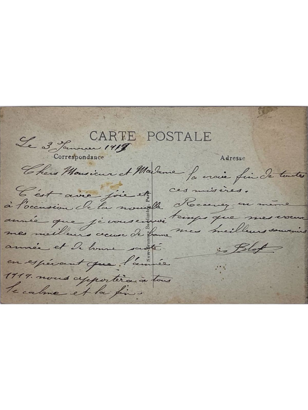 Verso de la carte postale