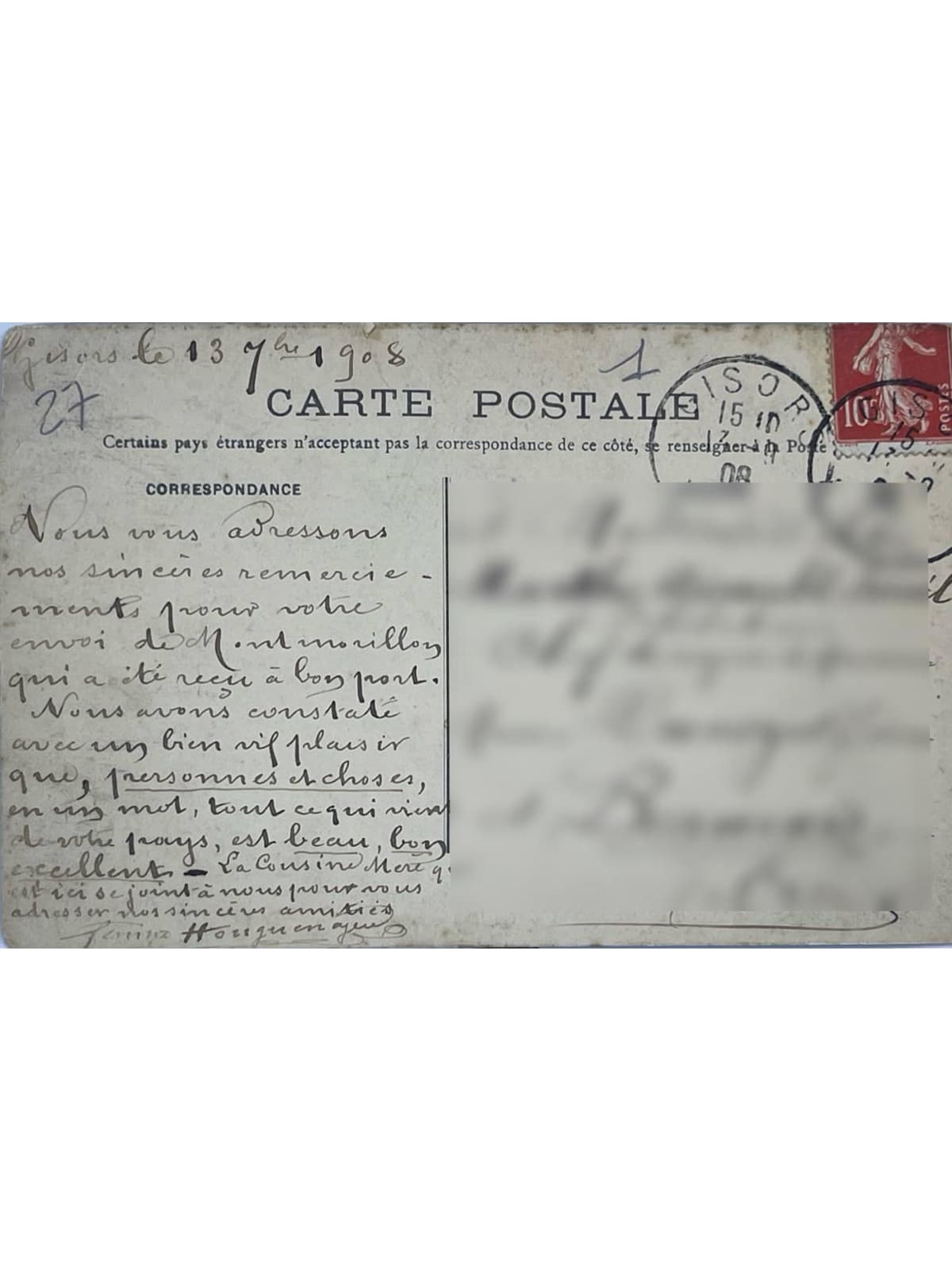 Verso de la carte postale