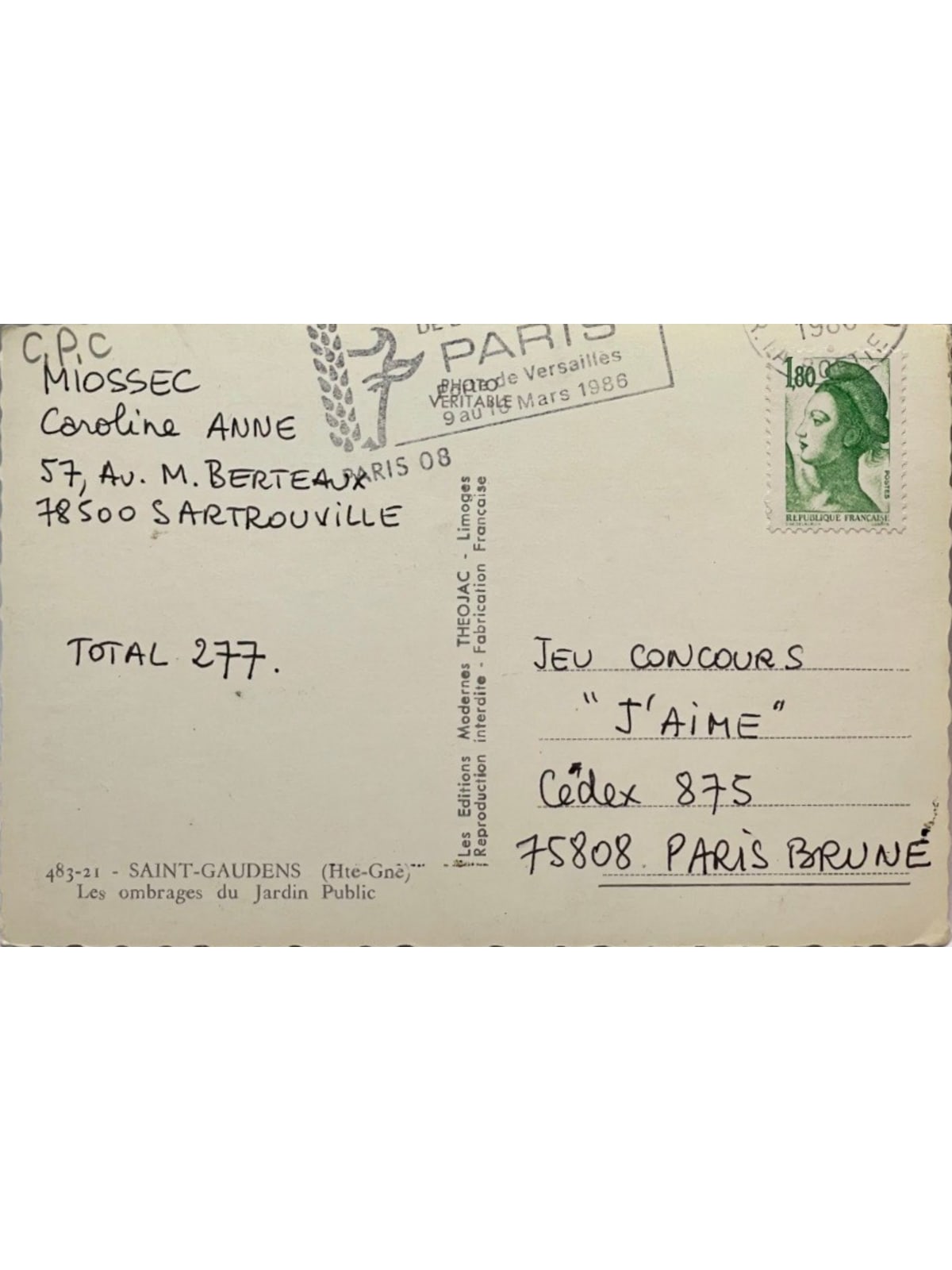 Verso de la carte postale