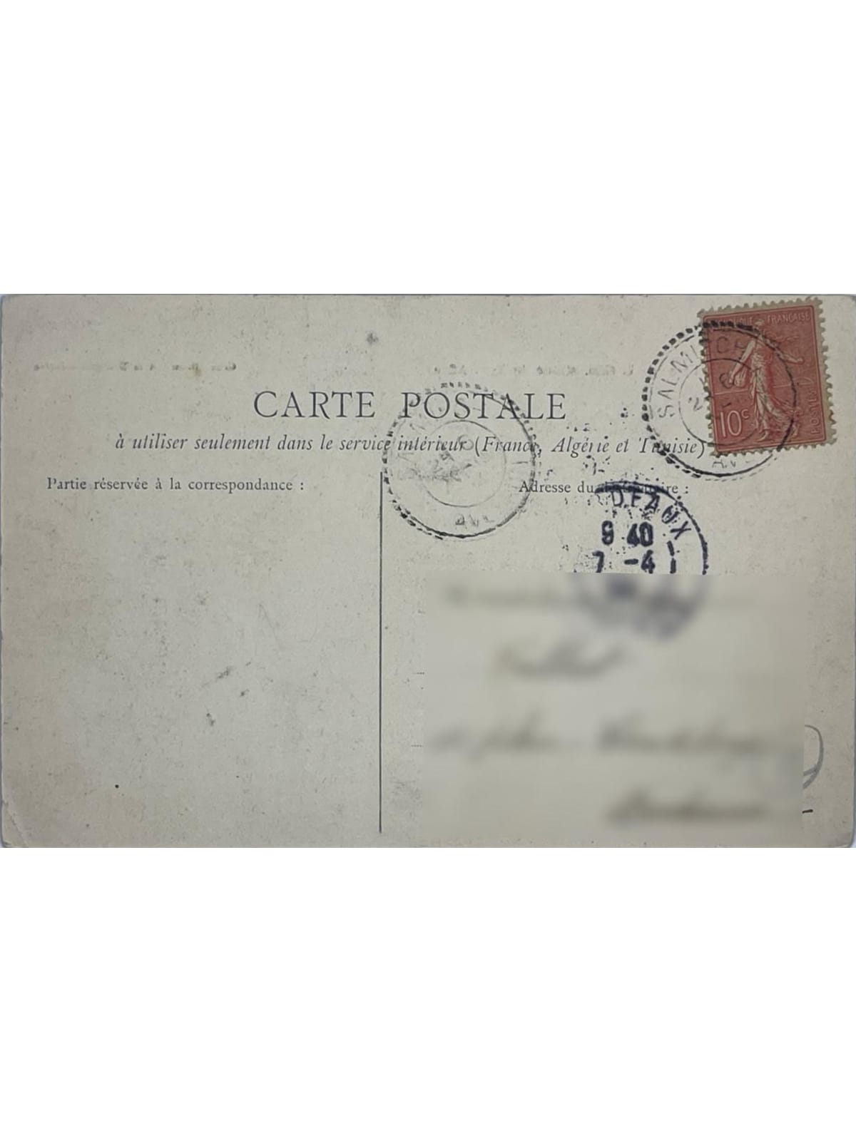 Verso de la carte postale