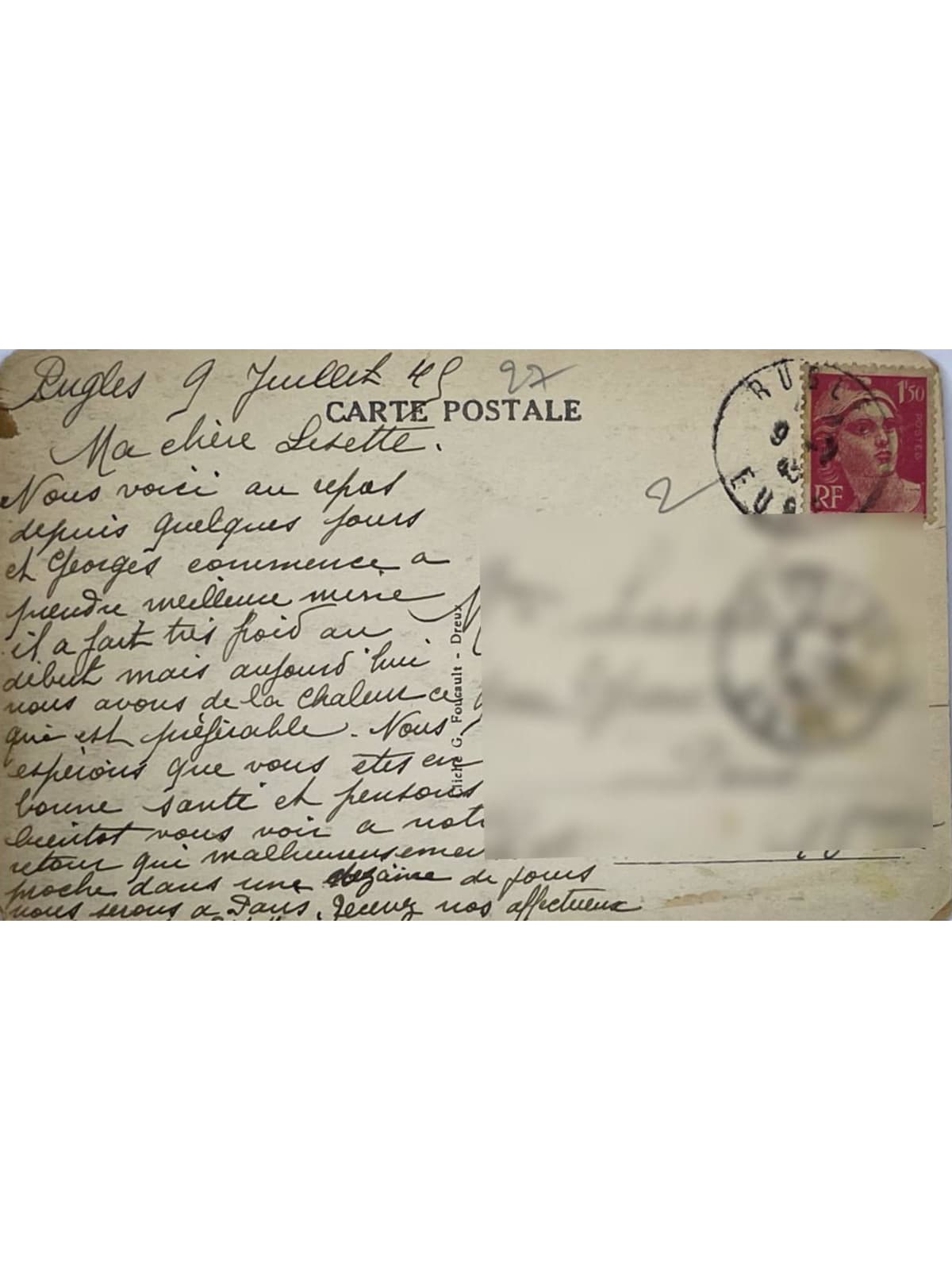 Verso de la carte postale