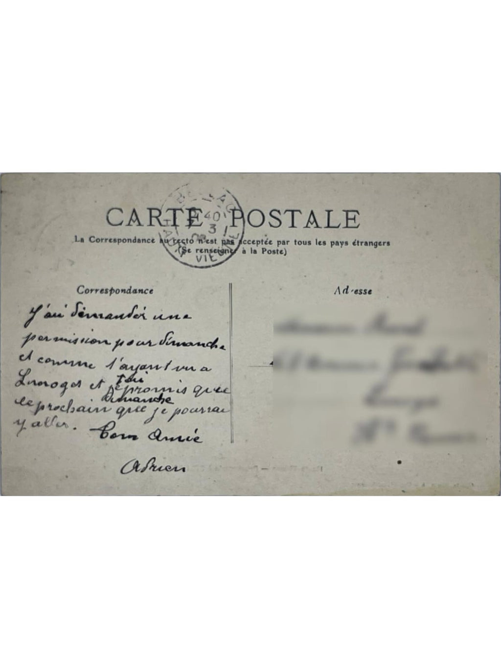 Verso de la carte postale