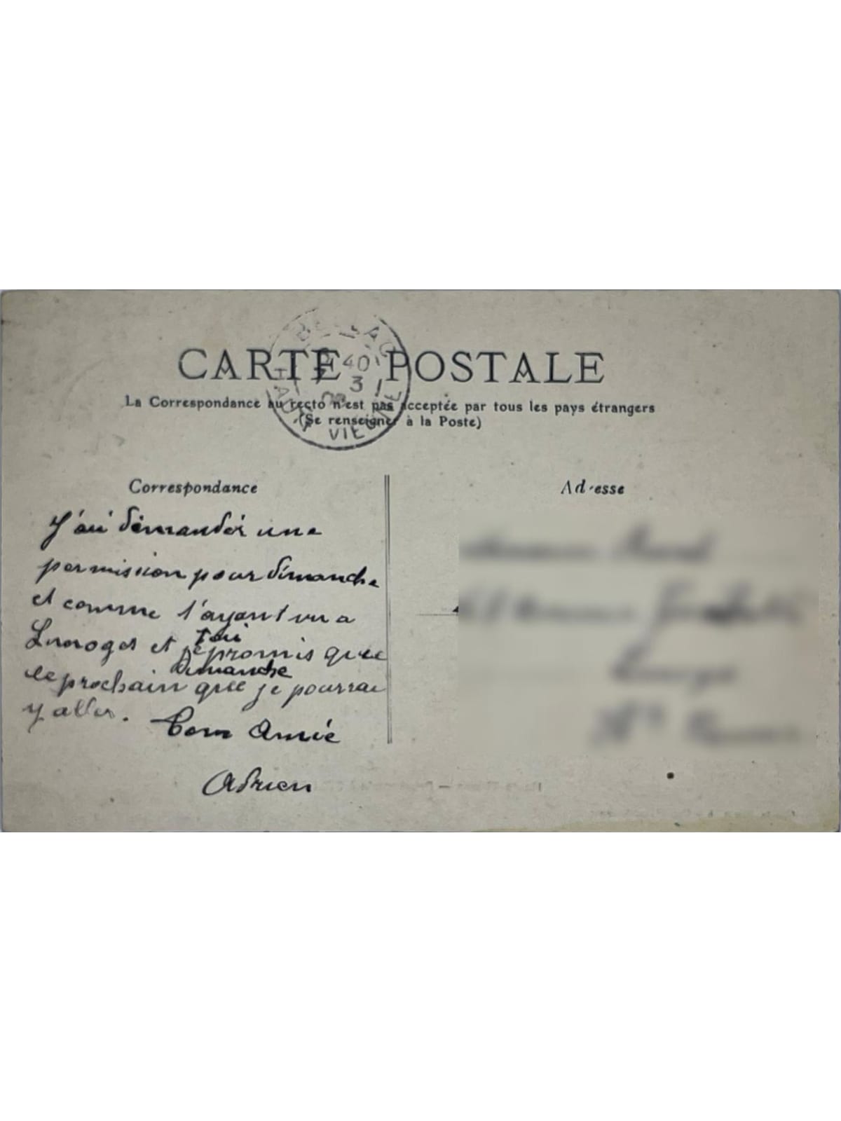 Verso de la carte postale