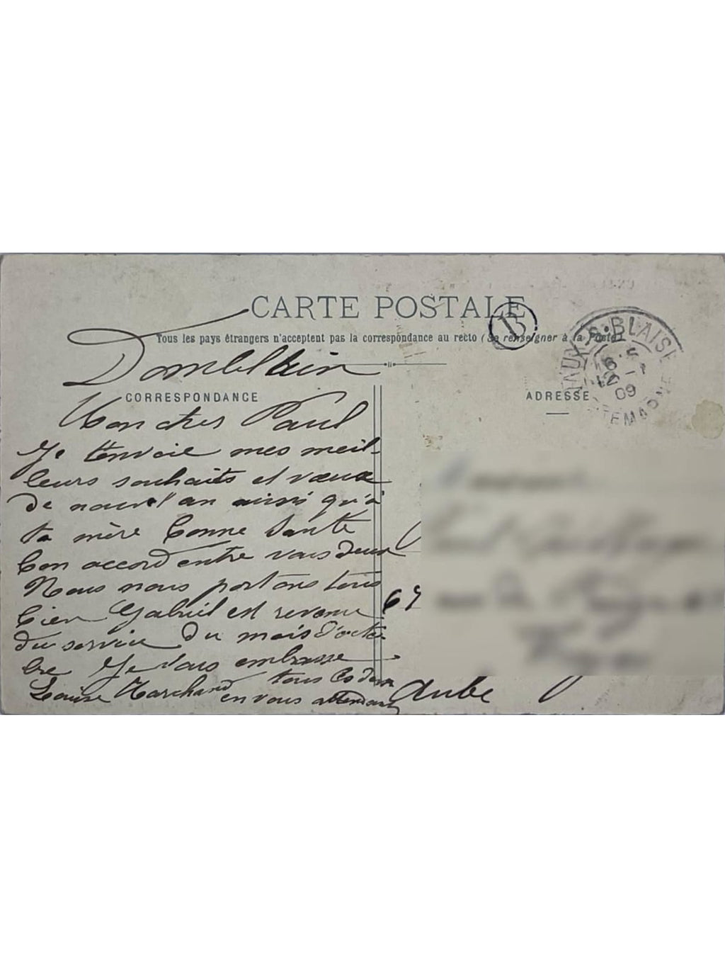 Verso de la carte postale